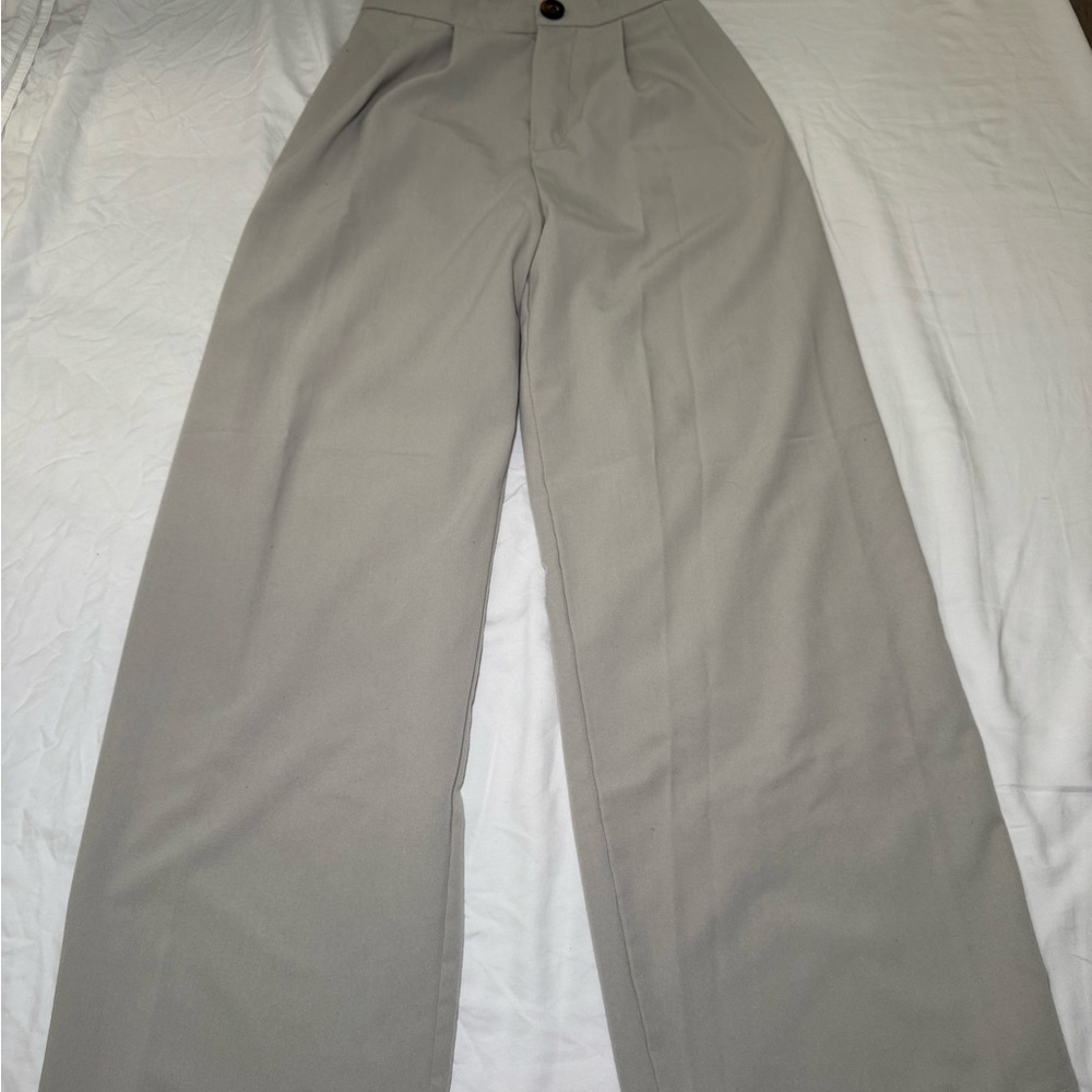 Grey Beige Wide-Leg Trouser Pants